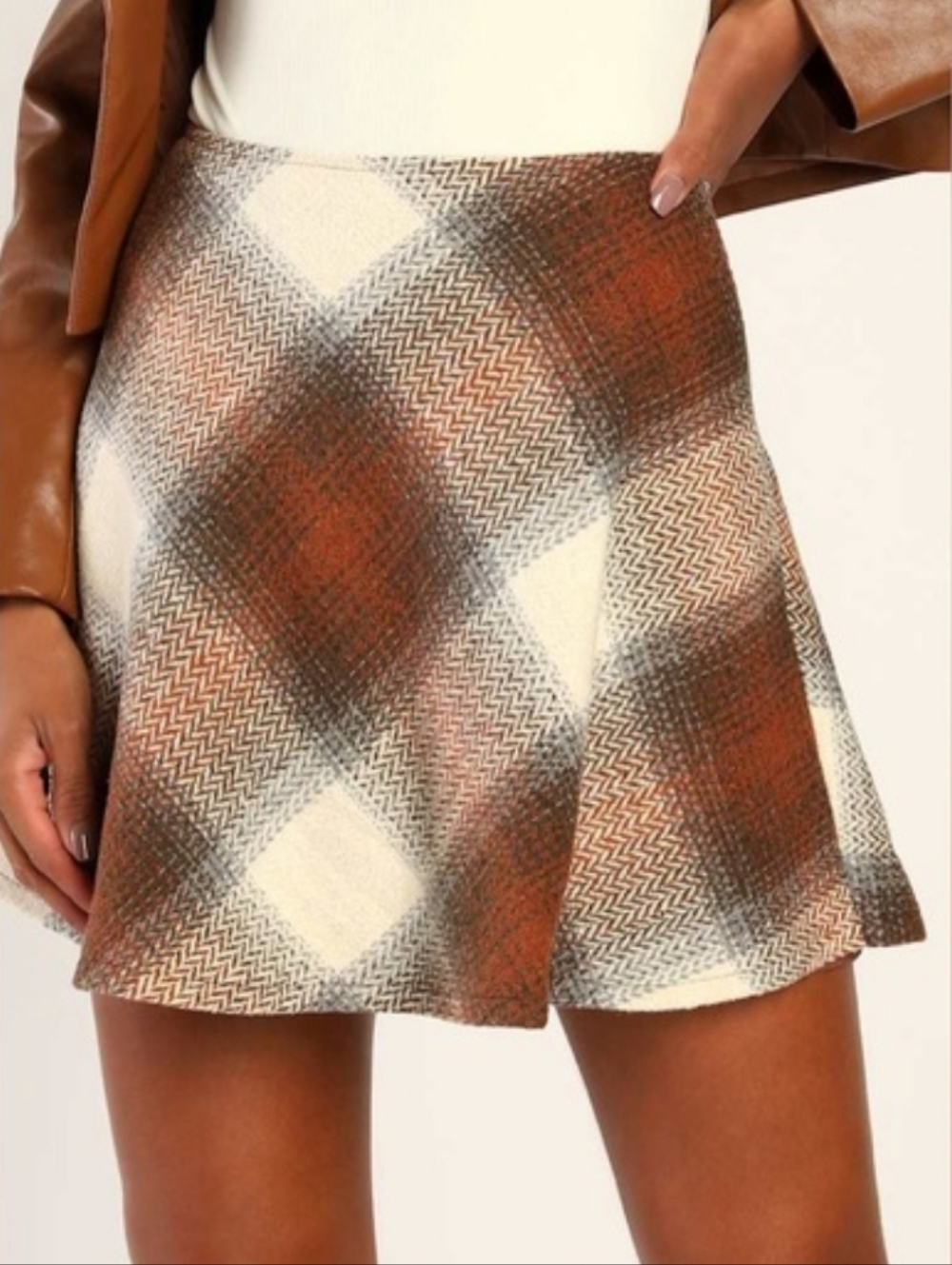 Lulus Plaid You Asked Skirt A-Line Mini Skirt Skater Neutral Cream Brown New XL